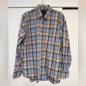 Men's Blue and Orange Plaid Button-Down Shirt
